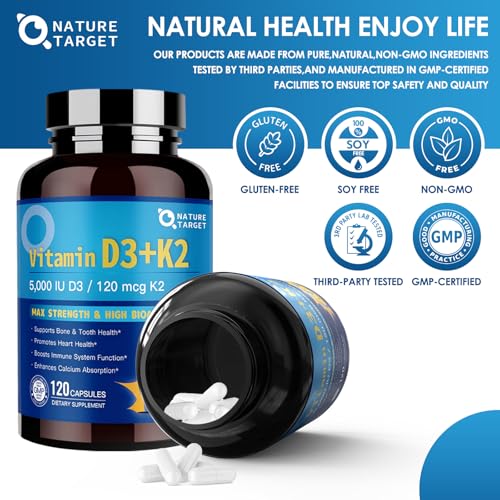 NATURE TARGET Vitamin D3 K2 with Calcium & Magnesium - 6-in-1 Complex - Max Strength for Bone, Heart & Immune - 5000 IU Vitamin D3, 120 mcg K2, Gluten-Free, 120 Servings