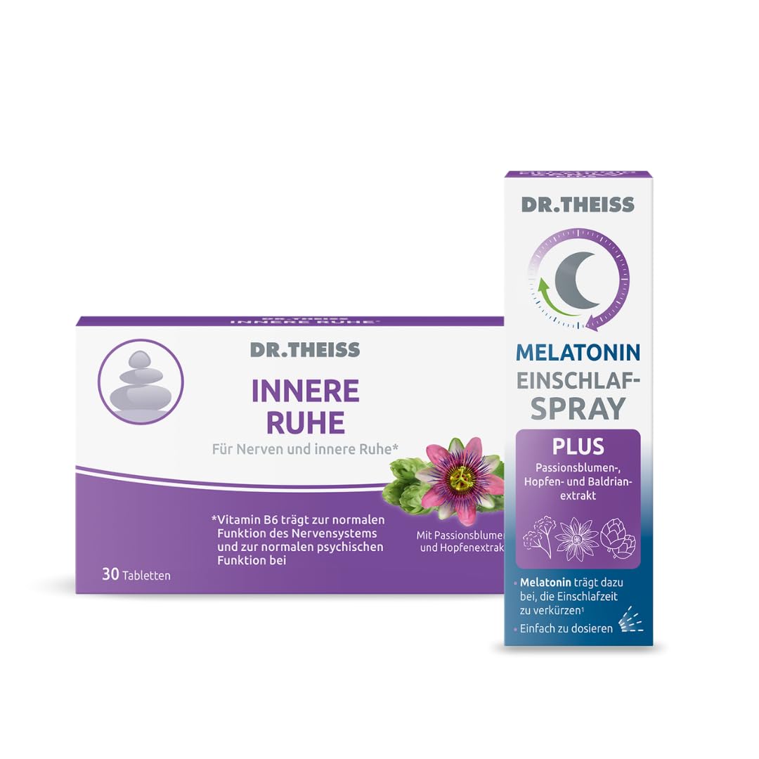 Dr. Theiss Schlaf & Entspannungs-Bundle – Melatonin Einschlafspray + Innere Ruhe Tabletten – Natürlich einschlafen und innere Balance bei Stress, Unruhe & nervösen Phasen