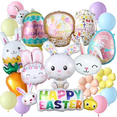 20Pcs Mix Easter Balloons Set,Pastel Latex Balloon Mix Cute Inflatable Easter Eggs,Basket,Bunny,Carrot,Daisy Mylar Foil Balloons for Spring Holiday Festival Birthday Baby Shower Home Party Decorations