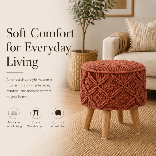 Image of Macrame Ottoman for Living Room | Handcrafted Woven Foot Rest Stool with Solid Wooden Legs | Pouffe for Sitting, Foot Stool for Bedroom & Home Decor | 16x16x18 Inch (Rust)