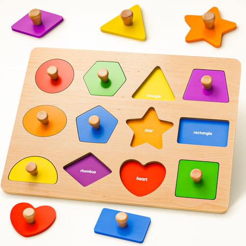 Wooden Shape Peg Puzzles for Toddlers 1 2 3 Year Old Boys Girls Gifts: Shape Sorter & Color Match Baby Puzzles 12-18-24 Months - Montessori Toys for 1...