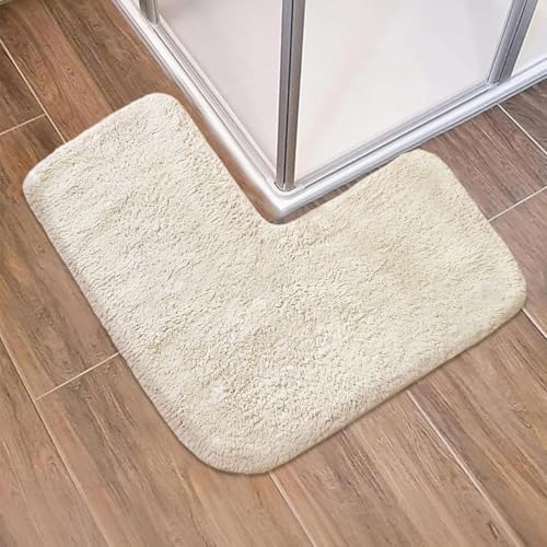 Funvalley Surperfect Tappetino da doccia angolare, tappetino da bagno a forma di L, tappetino da bagno curvo color cammello, lavabile, antiscivolo, morbido e assorbente, utilizzabile per doccia 80 x