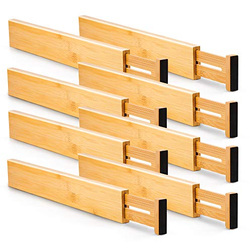 Image of EcoFives Bamboo Separators, Expandable Drawer Divider, Adjustable Spring Loaded Drawer for Kitchen, Dresser, Bedroom, Bathroom & Office, Set of 8