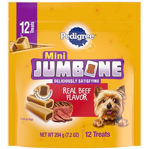 Image of Pedigree Mini Jumbone Small Dog Treats, Beef Flavor, 12 Count, 7-Pack | Bone-like exterior, meaty center, long-lasting chew, for toy and small dogs 5-15 lbs, developed with Waltham Science