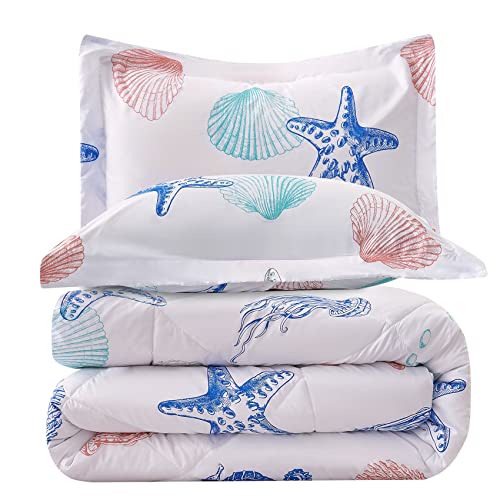 Image of JSD Beach Theme Kids Comforter Set Twin Size, Jellyfish Starfish Shell Printed Comforter with Pillow Sham, Lightweight All Season Washable