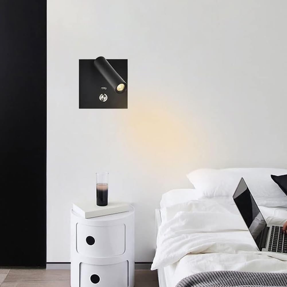 LED Gold Wandleuchte mit Schalter und USB Ladeanschluss Innen Wandlampe Drehbare 3000K Warmweiß Spotlight Runde Nachttischlampe Wand Leselicht für Gemälde Schlafzimmer Wohnzimmer,Schwarz