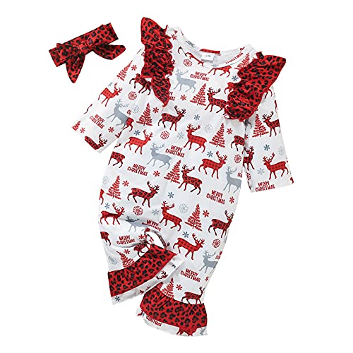 Pasgeboren Baby Meisje Kerst Romper Lange Mouw Jumpsuit Bodysuit+Hoofdband 2 stks Kleding Set, Rood, 12-18 Maanden - Afbeelding 3
