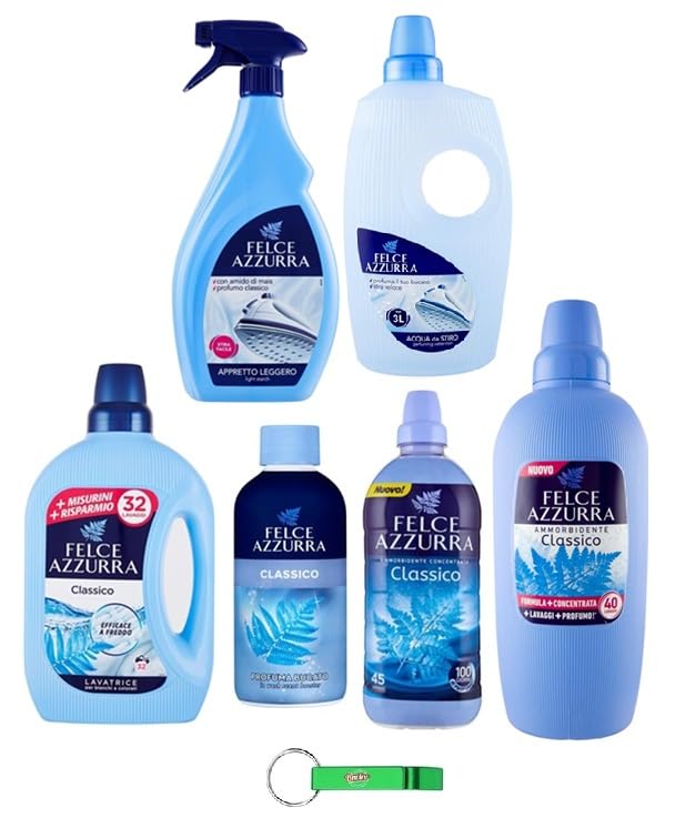 Felce Azzurra Set de Detergente perfumado Classico – Perfume para la colada – Suavizante – Agua aromática – 6 artículos del mismo aroma para ropa + llavero Beni Culinari gratis