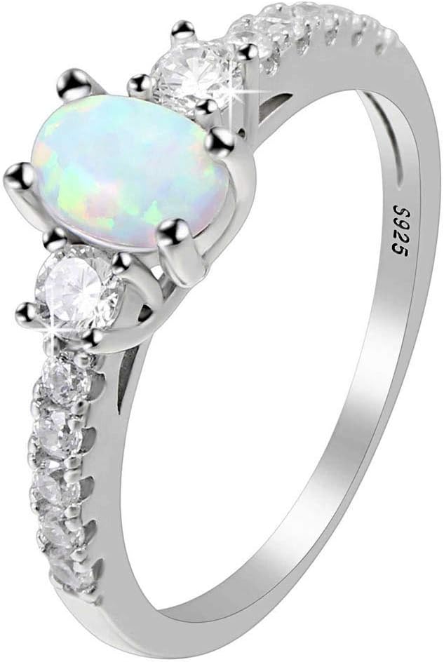 Emily Oval Engagement Ring for Women by Ginger Lyne | Statement Birthstone Ring for Her Simulated White Opal Sterling Silver Cubic Zirconia Accents October Birth Month Jewelry