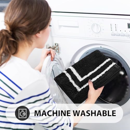 Image of Uphome Bath Mat Set, Shaggy Microfiber Soft Bath Runner Rug, Absorbent Anti-Skid Washable Long Bath mats for Bathroom Floor, Modern Geometric Black Contour Bath Rugs for Toilet Bathtub Laundry