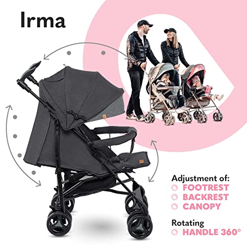 LIONELO Irma Kinderwagen bis 15 kg, Kinderwagen, leichter moderner Kinderwagen mit Liegefunktion, faltbar, große 6-Zoll-Räder, großer Korb, Tasche, Moskitonetz Schwarz