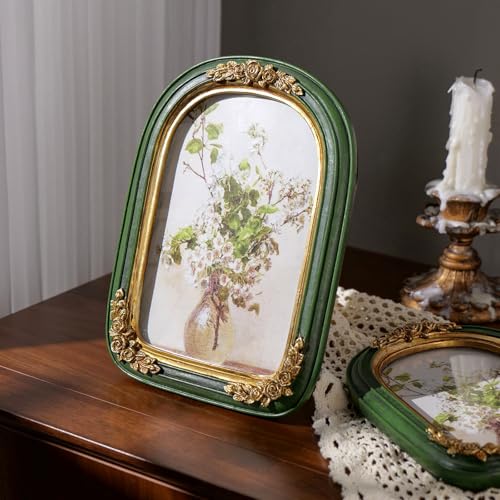 Vintage 5x7 Picture Frame, Ornate Gold Green Arch Frames Resin Photo Frame with Glass Front for Tabletop or Wall Display, Antique Decorative Frame for Home Decor or Gift