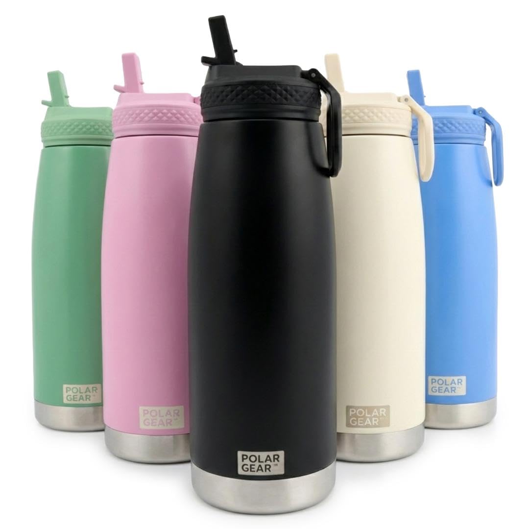 Polar Gear 930ml Double Wall Stainless Steel Water Bottle with Straw | Leakproof Thermal Insulated Water Bottles with Straw | BPA Free Metal Drinking Bottles for Adults for Gym Work Travel (Black)