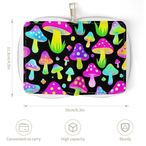 Compact Credit Card Organizer Case for Men Women, Portable Mini Card Holder Organizer with Zipper Neon Mushrooms Pattern Purple Pu Leather Wallet3