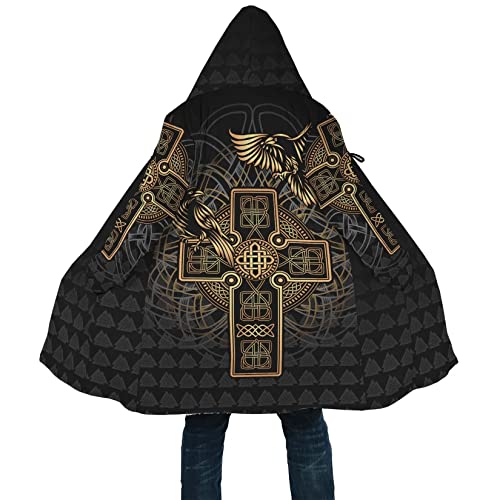 DAMATA Men's Celtic knot print lambswool hooded coat Odin Raven Winter Oversized Casual Warm Windbreaker Hooded Parka (Color : Cross Knot Raven C, Size : 3X-Large)