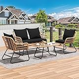 YITAHOME 4-Piece Patio Furniture Wicker Outdoor Bistro Set, All-Weather Rattan Conversation Loveseat Chairs for Backyard, Balcony and Deck with Soft Cushions and Metal Table, Light Brown+Black