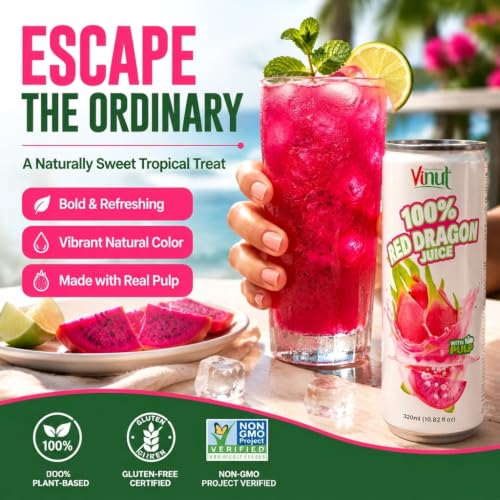 Image of VINUT 100% Red Dragon Fruit Juice with Pulp (Pitaya), No Added Sugar, Not From Concentrate, Gluten Free & Non-GMO Drink, 100% Vegan /Plant-Based, 10.82 fl oz Cans (Pack of 12)