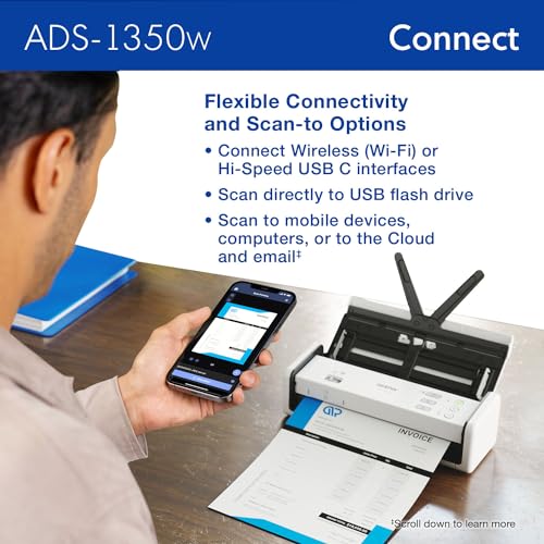 Image of Brother ADS-1350W Wireless Compact Desktop Scanner | Scan Speeds of Up to 30ppm | Single Pass Double-Sided Scanning