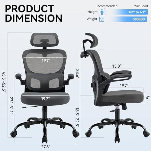 Image of AreShark Office Chair Ergonomic Desk Chairs with Adjustable Lumbar Support& Headrest Hanger, High Back Breathable Mesh Chair with Wheels, Rolling Swivel Comfy Task Computer Chair for Home Work Gaming