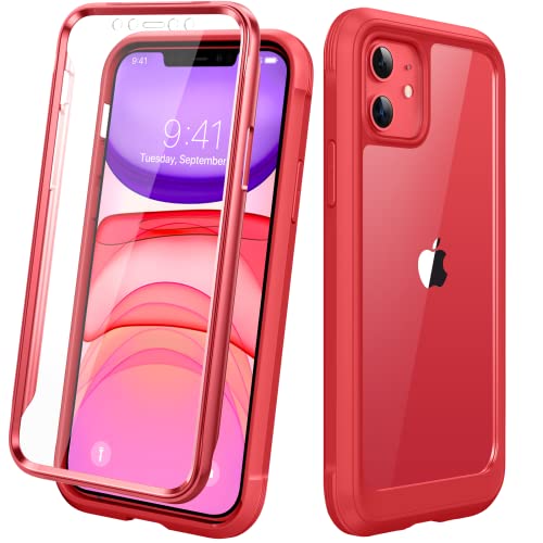 Diaclara Compatible with iPhone 11 Case, Full Body Rugged with Built-in Touch Sensitive Anti-Scratch Screen Protector, Soft TPU Bumper Case Clear Compatible with iPhone 11 6.1" (Red and Clear) - 2