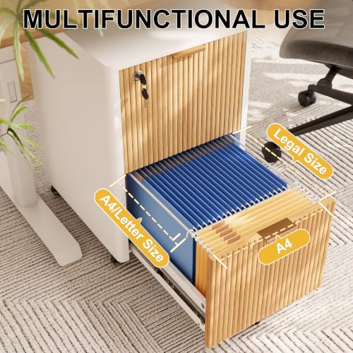 Image of 2 Drawers Fluted Mobile File Cabinet with Lock, Rolling File Cabinet Printer Stand Table, Under Desk Wooden Filing Cabinets for Home Office Essentials Storage Organization Furniture Letter /Legal /A4