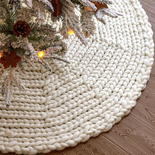 48 inch Christmas Tree Skirt: Chunky Knit Tree Skirt for 7.5ft Tree, Crochet Cream White Tree Skirt...