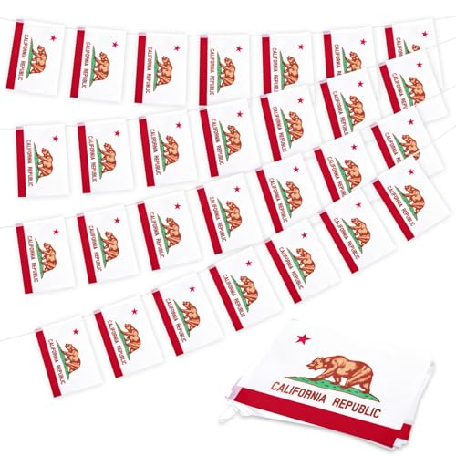 Image of 32.8 ft California Flag Banner, 30 Pcs Mini State String Flags, Red White Green Bear Bunting for California Day, Parades, Western Parties, Home, Garden, and Outdoor Decorations
