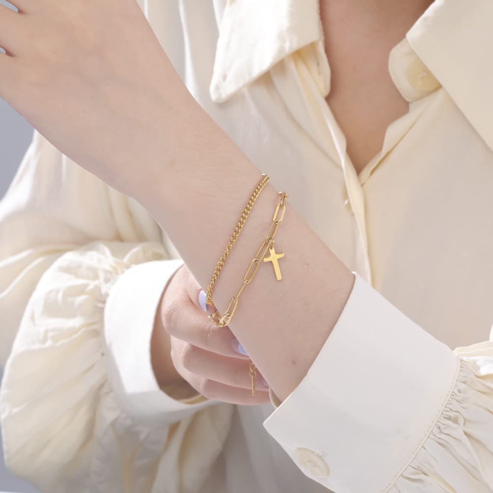 Bracciali, Bracciale con Pendente a Croce alla Moda a Doppio Strato - Cristiano Religioso Regolabile(Silver)