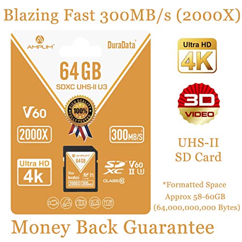 UHS-II SD Card 64GB SDXC - Amplim High Performance 300MB/S (2000X) UHS2 Extreme