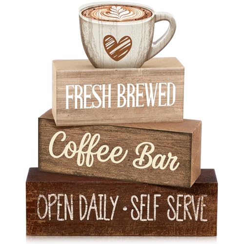 Image of Moucuny 4 Pcs Farmhouse Coffee Bar Signs Decor Wooden Cup Rise & Shine It's Coffee Time Rustic Wood Cafe Sign Gift for Home Kitchen Tabletop Decor