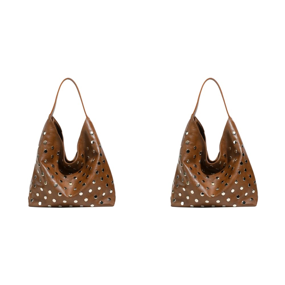 Bolso de mano de piel sintética para mujer con remaches, bolsa de hombro informal de gran capacidad para actividades diarias y salidas, Café 2 unidades, 460x280x220MM, Informal