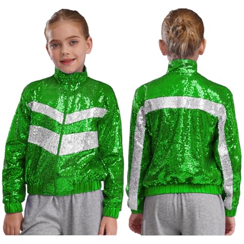 JEATHA Kids Girls Sparkly Sequin Baseball Jacket Hip Hop Jazz Dance Party Tops Long Sleeve Zipper Lightweight Coat