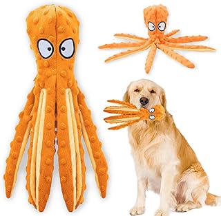 Acehome Squeaky Dog Interactive Play Toy,No Stuffing Octopus Dog Chew Toy with Crinkle Paper for Medium and Large Dog Playing (Orange)