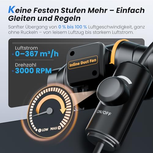 QiCrafe Regelbarer Rohrventilator 100mm mit Drehzahlregler, leiser Inline Abluftventilator Belüftung mit Doppelkugellager-Motor und Überhitzungsschutz für Keller, Garage, EU-Stecker, 3 m Netzkabel