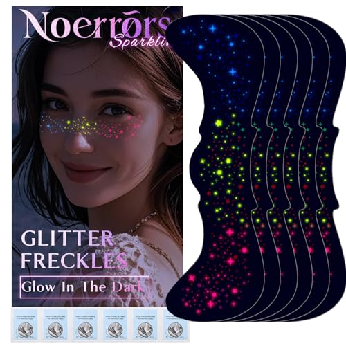 Noerrors 6pcs Rainbow Freckles Face Tattoo Sticker Glow under UV Light Blacklight in the Dark Neon Fluorescent Glitter Colorful Star Fake Faux Freckle Temporary Patches Makeup for Party Supplies #02