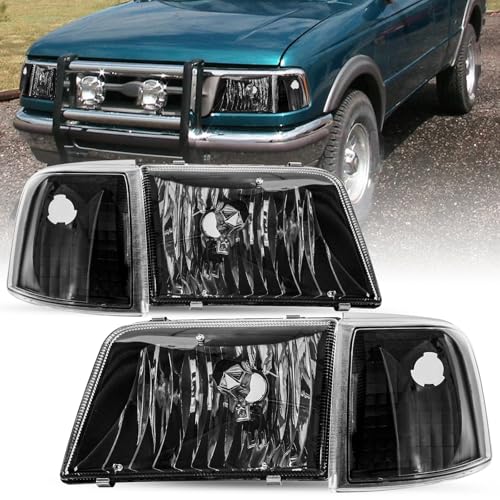 SOCKIR Headlight Assembly Replacement for 1993-1997 Ford Ranger Headlights + 4 PCS Corner Lights Headlamp Passenger and Driver Side (Black Housing with Clear Reflector)