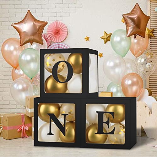 Image of Sooyee First Birthday Decorations for Girl or Boy,3 Pcs ONE Balloon Boxes For 1st Birthday Girl Decoration,Baby Cube Blocks Party Decor With ONE Letters,Black