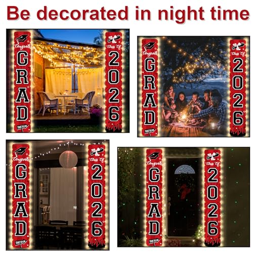 Image of 2026 Graduation Banners Class of 2026 Congrats Grad Porch Sign Party Lighted Decorations Supplies Welcome Hanging Door Decor with LED Light Banners for Indoor Outdoor(Red and Black)