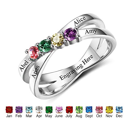 Glamcarat Personalized 925 Sterling Stacking Silver Ring Mothers Ring With 4 Four Birthstone Custom Name Ring With 4 Stones Family Engraved Ring Personalized Jewelry For Women (7) #TOP1