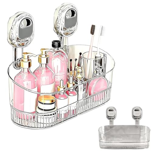 2026 New No-Drill Bathroom Suction Storage Box with Glacier Pattern Large Capacity Strong Load-Bearing Suction Cups Removable Hanging Wall Mount Organizer for Shower and Kitchen Transparent