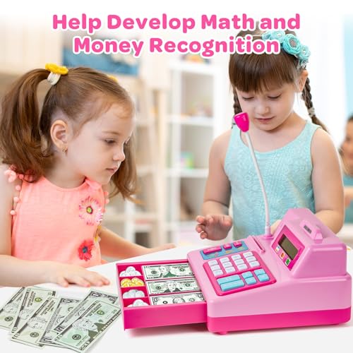 Image of BAODLON Calculator Cash Register - 103 Pcs Pink Toy Cash Register, Microphone, Credit Card and Banking for Kids, Early Math Skills Toys Gifts for 3, 4, 5, 6 7 8+ Years Old Boys Girls