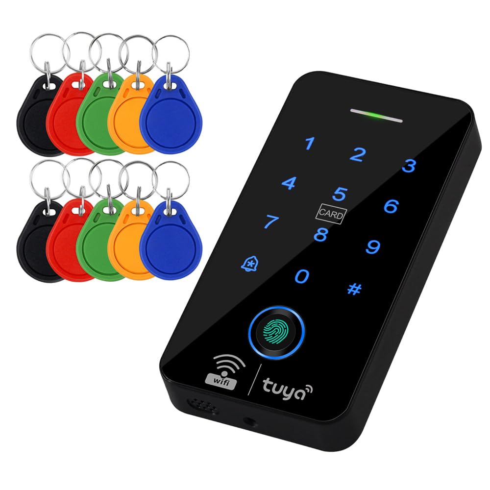 Uoonner WiFi Graffiti Access Control System keypad, IP68 Waterproof Fingerprint keypad, Supports 125KHZ/13.56MHZ, 8000 User Capacity, with 10 13.56MHZ RFID Mixed Color Keychains