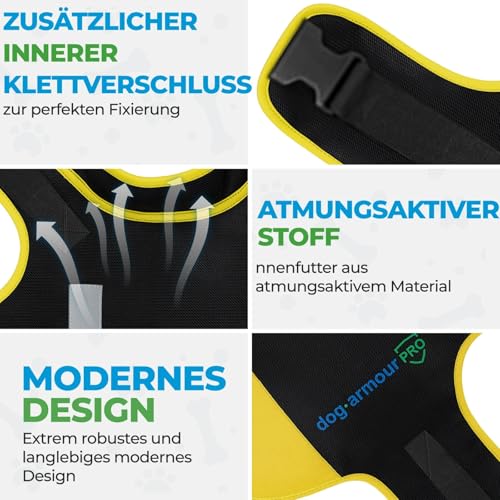dog armour PRO Schutzweste für Hunde – Schützendes Hundegeschirr gegen Greifvogel- und Tierangriffe – Verstellbar, Würgefrei, Wasserdicht, Reflektierend (S, Gelb)