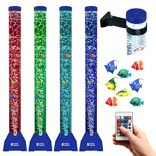 Special Supplies Aquarium Sensory Fish Bubble Light Tube with 16 LED Color Changing Nightlight Effect, Remote Control, and 8 Fishes, Colorful Floor Standing Lamp for Kids and Adults (4 feet)