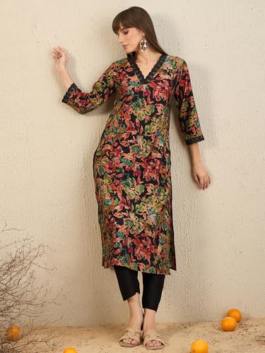 Image of INDO ERA Womens Silk Blend Printed Straight Kurta Pant Set (IESTR5624)