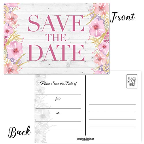 Image of Stonehouse Collection Rustic Pink Floral and Barnwood Save The Date Postcards - 40 4 inch x 6 inch Postcards - Wedding, Baby Shower, Birthdays, Celebration Announcements (Rustic Floral)