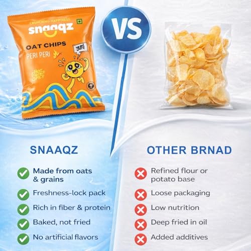 Image of Snaaqz Oat Chips Peri Peri Flavour | Crunchy & Spicy Baked Snack | Palm Oil Free | Vegetarian Healthy Snack Chips (Pack of 3)