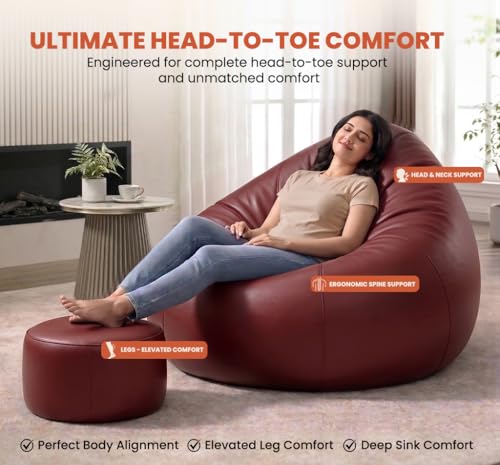 Image of Sattva Classic 2XL Bean Bag Chair with Beans Filled | Sofa Style Faux Leather Beanbags with Footstool & Cushion | Pre-Filled Bin Bags Sofa & Beam Bag for Adults | Home & Office, Tan