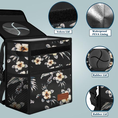 Image of Femuar Leak Proof Car Trash Can with Lid, Collapsible Hanging Waterproof Car Trash Bag with Mesh Pocket for SUV Front Seat Headrest, Hibiscus Flower