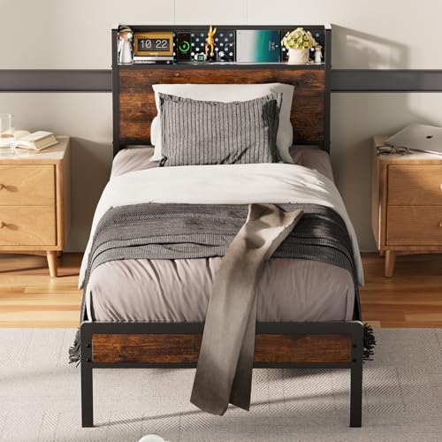 KUTAS Cama 90 x 200 cm con LED y USB, Estructura de Cama de Metal con Cabecero de Almacenaje, Somier de 14 Láminas, Sin Somier, Espacio Bajo Cama, Diseño Moderno, Marrón